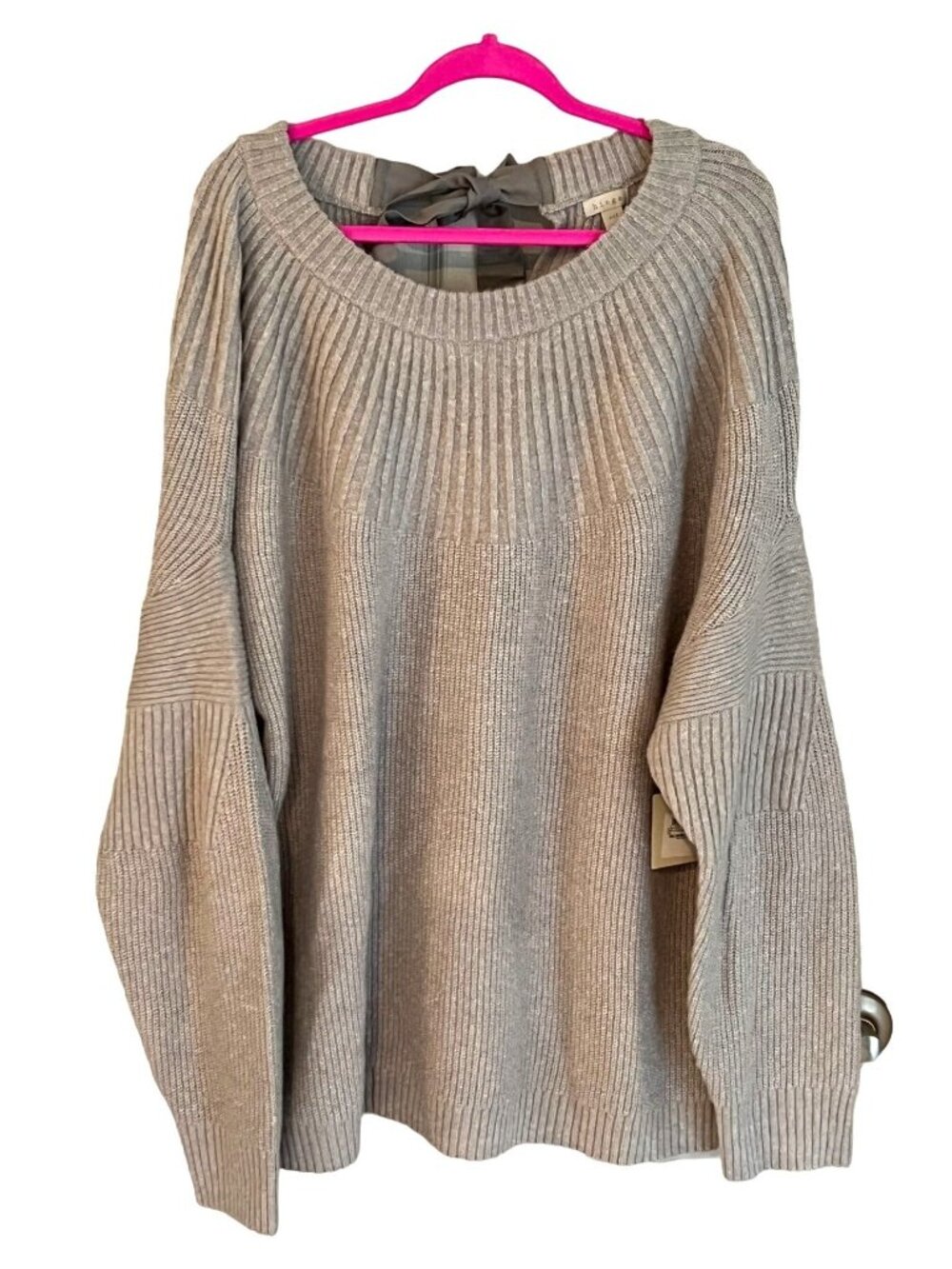 Hinge Bow Back Texture Pullover Sweater Oversized Lagenlook Gray NEW XXL NEW